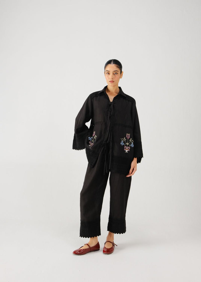 Tie up set-Black bead emb. linen by CORD for women in Singapore