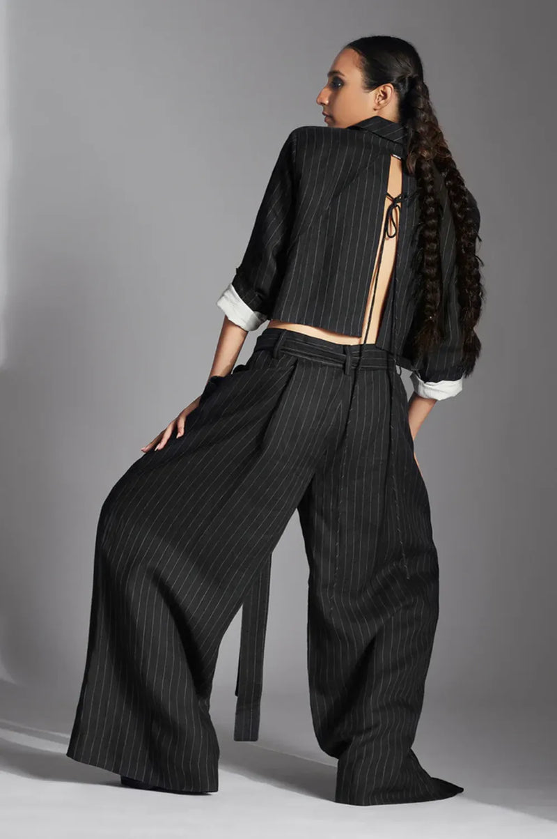 Skye Trousers in Black/White Stripes linen by Chola in black color for women in Singapore