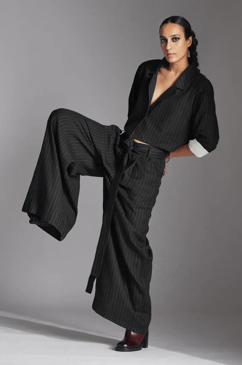 Skye Trousers in Black/White Stripes linen by Chola in black color for women in Singapore