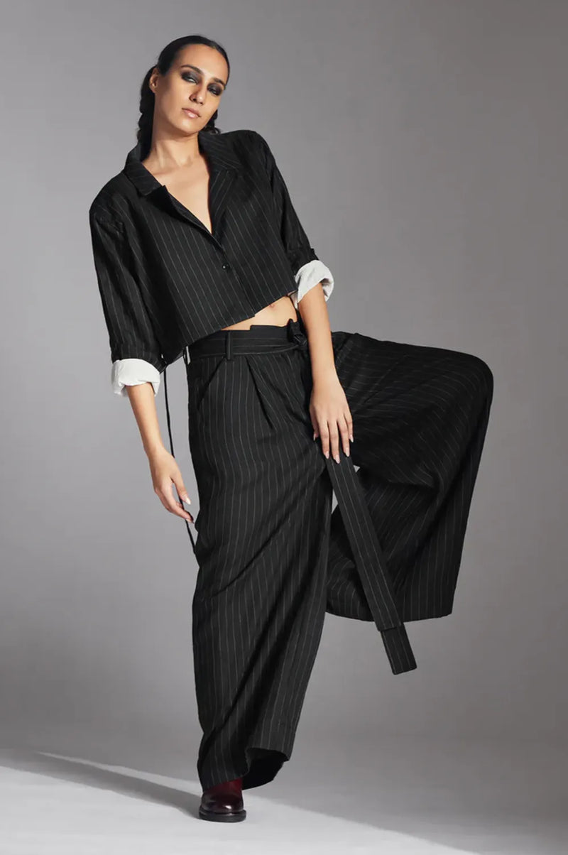 Skye Trousers in Black/White Stripes linen by Chola in black color for women in Singapore