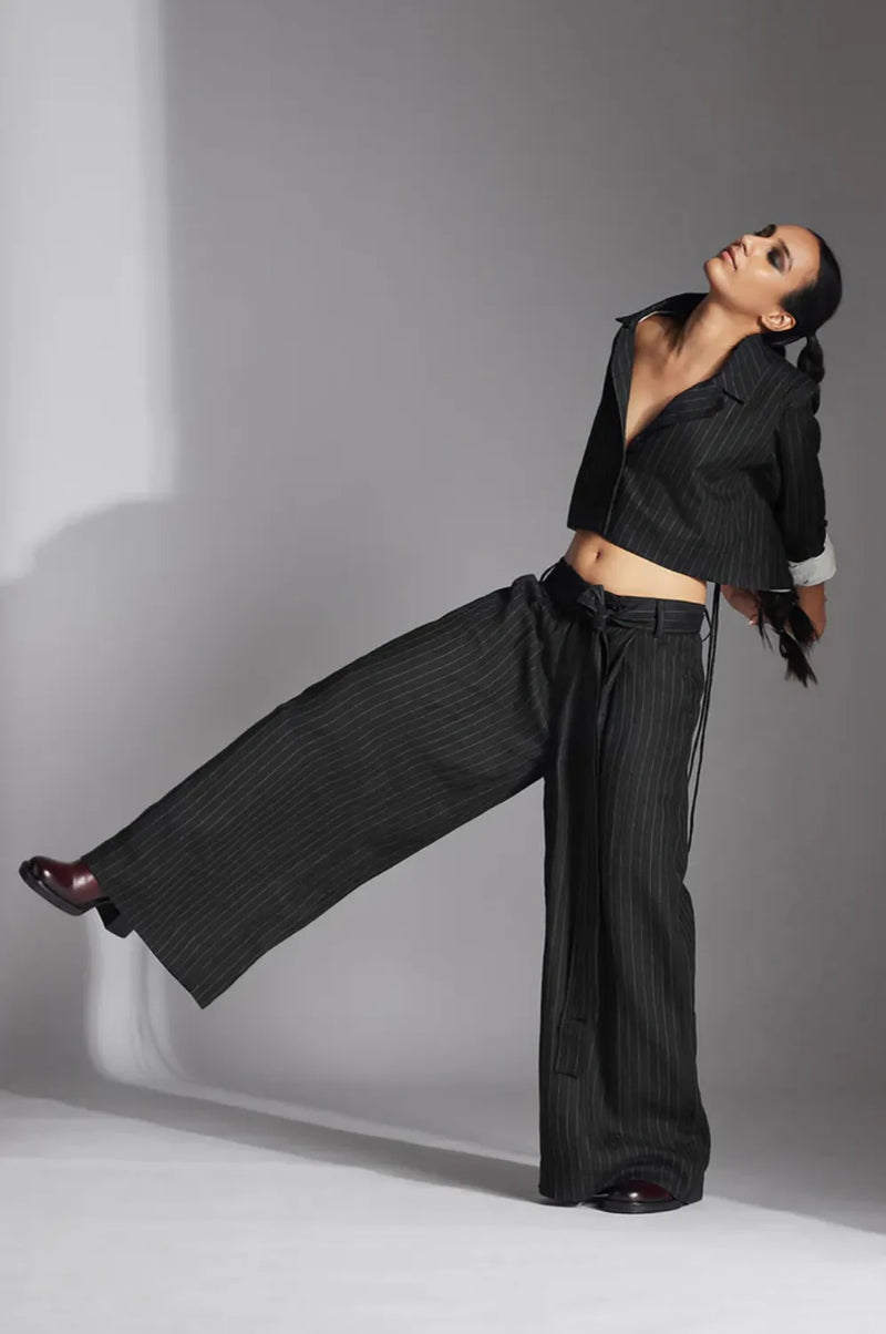 Skye Trousers in Black/White Stripes linen by Chola in black color for women in Singapore