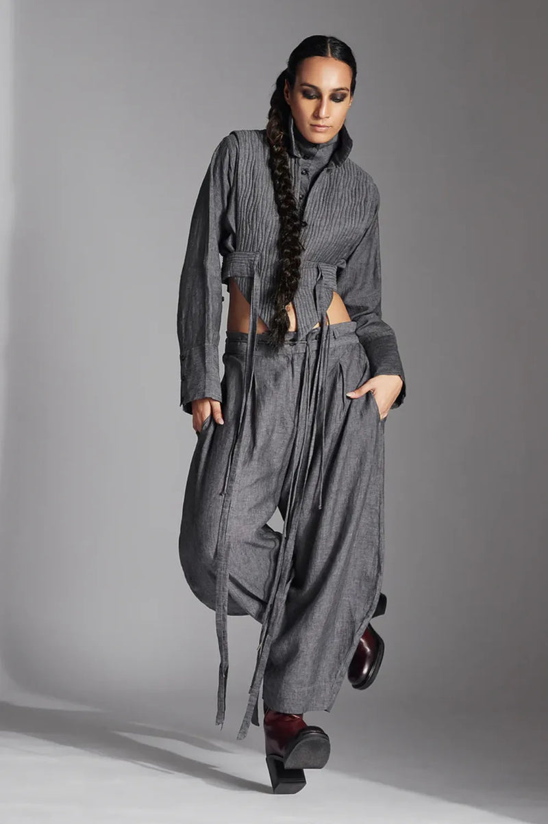 Eren Trousers in linen-Grey linen by Chola in grey color for women in Singapore
