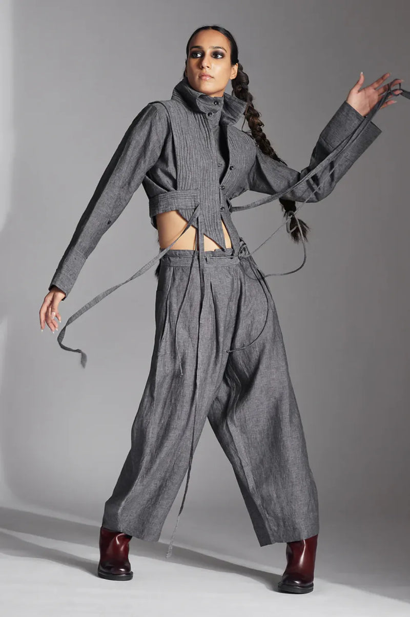 Eren Trousers in linen-Grey linen by Chola in grey color for women in Singapore