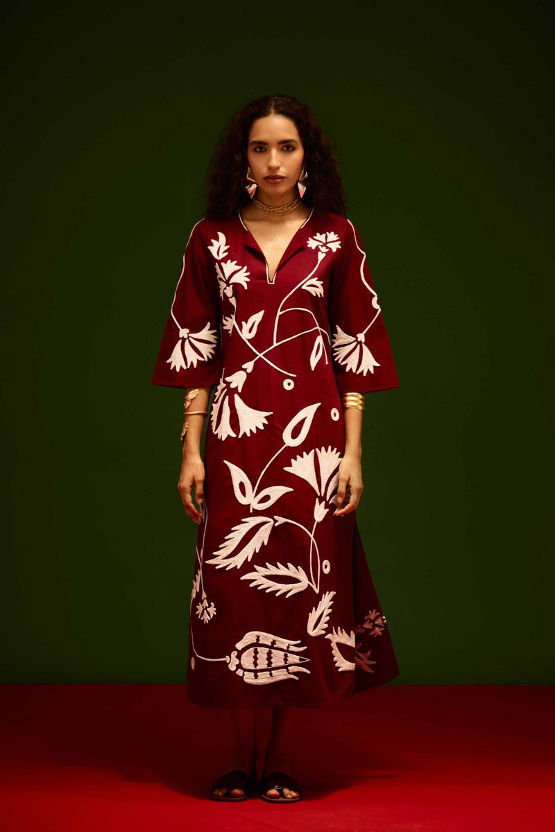 Burgundy Wine Cotton Maxi Dress With Ivory Botanical Thread Embroidery poplin Buy Burgundy Wine Cotton Maxi Dress With Ivory Botanical Thread Embroidery from C&W | Dresses for Women by Indian Summer Story for women in Singapore