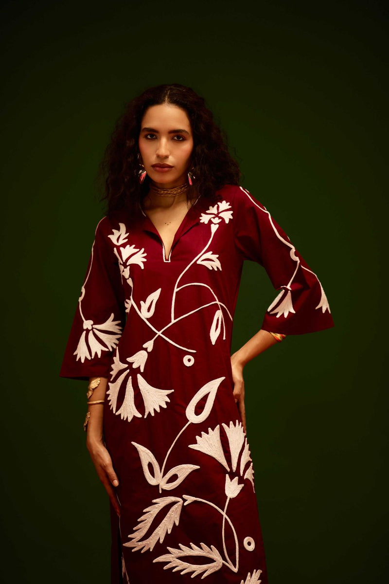 Burgundy Wine Cotton Maxi Dress With Ivory Botanical Thread Embroidery poplin Buy Burgundy Wine Cotton Maxi Dress With Ivory Botanical Thread Embroidery from C&W | Dresses for Women by Indian Summer Story for women in Singapore