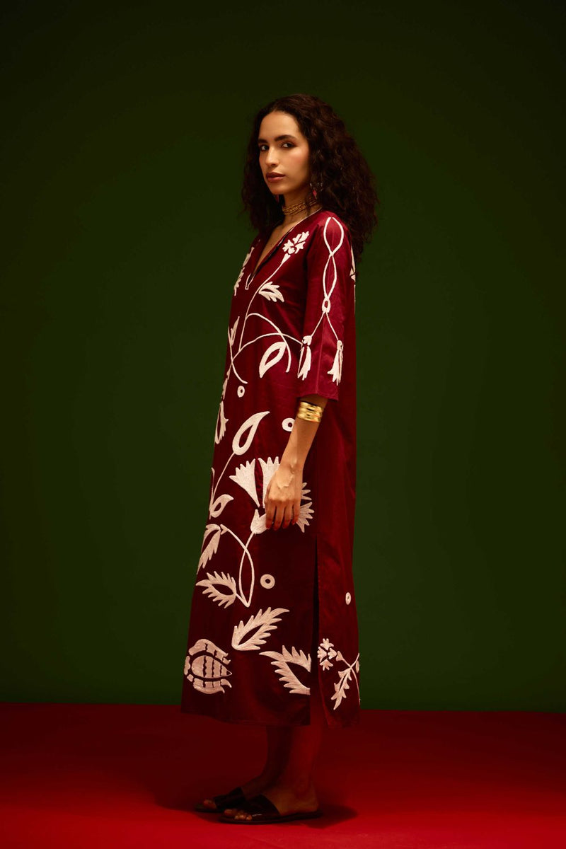 Burgundy Wine Cotton Maxi Dress With Ivory Botanical Thread Embroidery poplin Buy Burgundy Wine Cotton Maxi Dress With Ivory Botanical Thread Embroidery from C&W | Dresses for Women by Indian Summer Story for women in Singapore