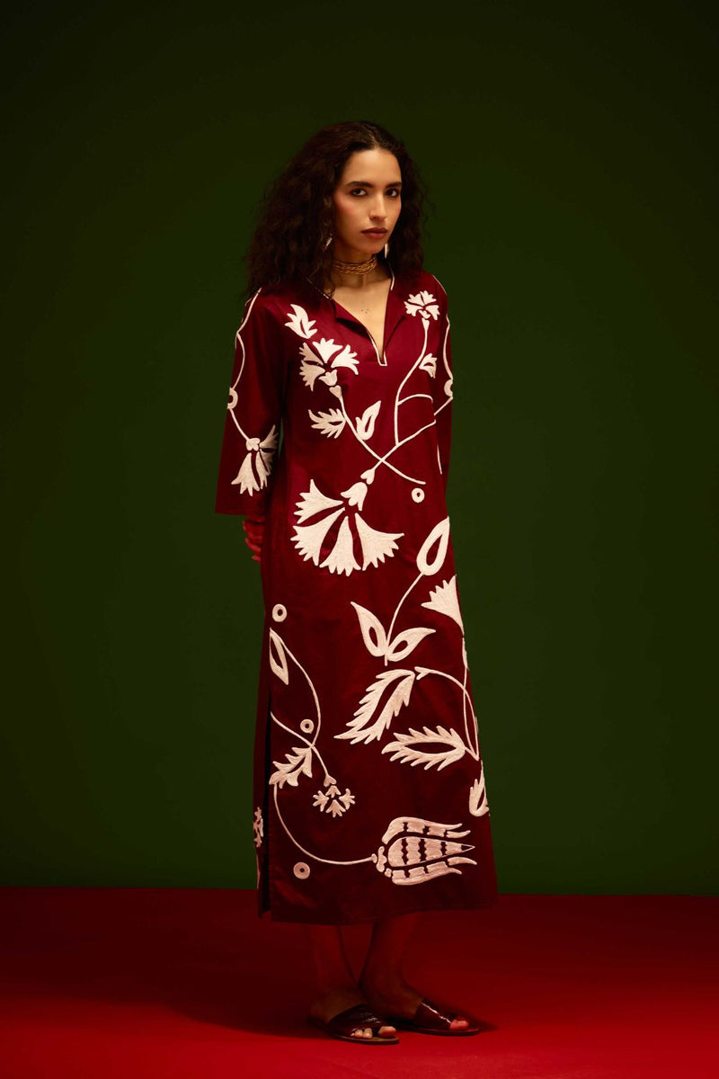 Burgundy Wine Cotton Maxi Dress With Ivory Botanical Thread Embroidery poplin Buy Burgundy Wine Cotton Maxi Dress With Ivory Botanical Thread Embroidery from C&W | Dresses for Women by Indian Summer Story for women in Singapore