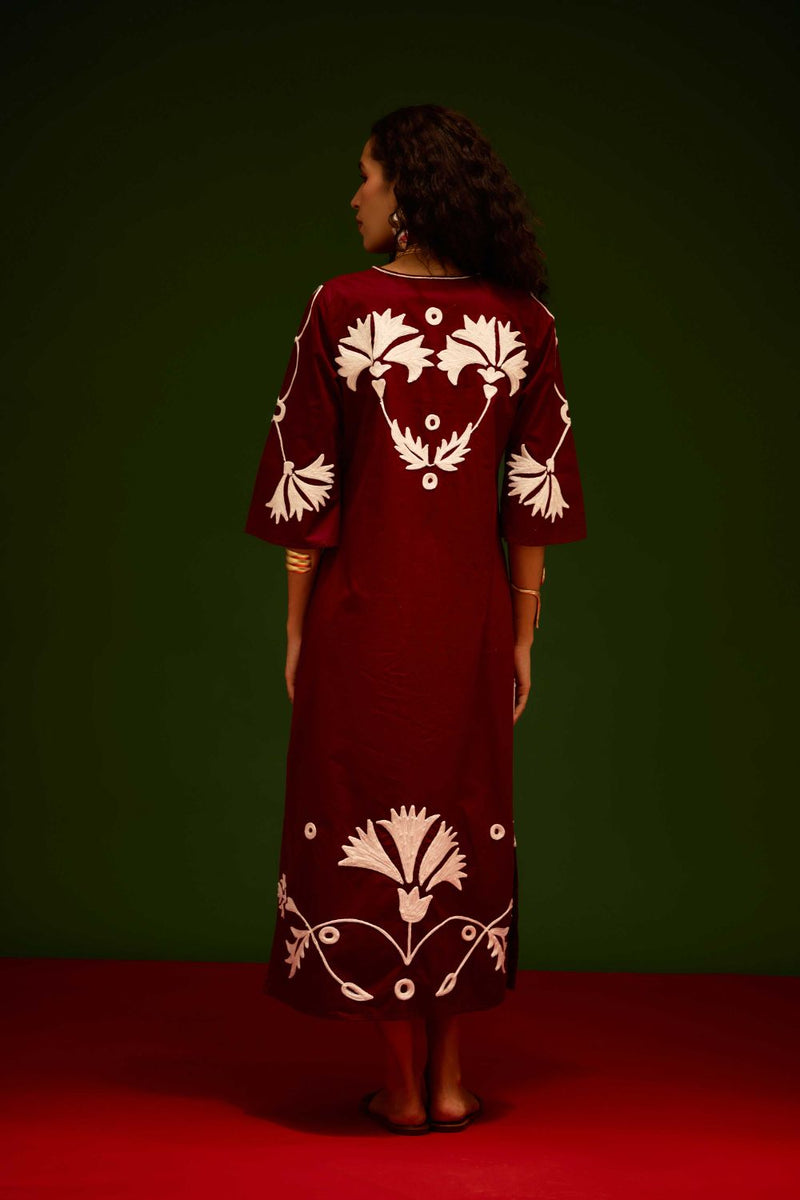 Burgundy Wine Cotton Maxi Dress With Ivory Botanical Thread Embroidery poplin Buy Burgundy Wine Cotton Maxi Dress With Ivory Botanical Thread Embroidery from C&W | Dresses for Women by Indian Summer Story for women in Singapore