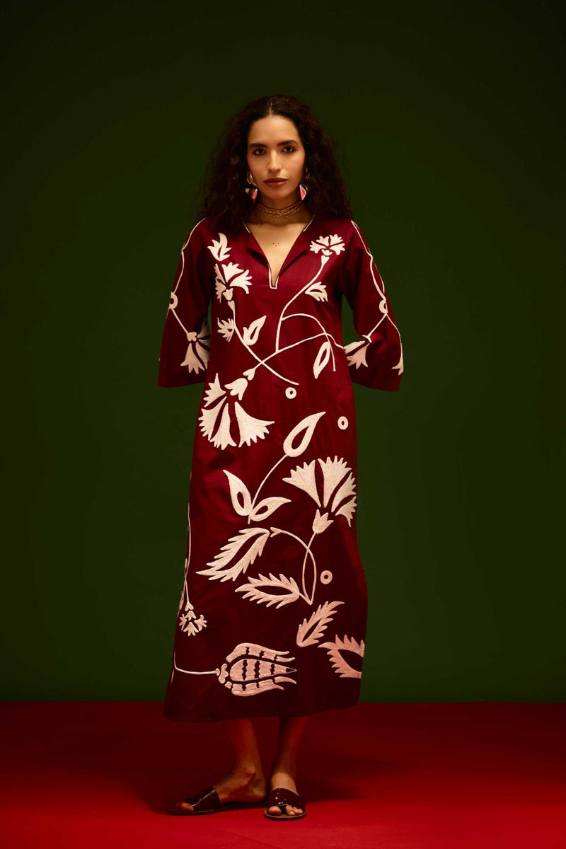 Burgundy Wine Cotton Maxi Dress With Ivory Botanical Thread Embroidery poplin Buy Burgundy Wine Cotton Maxi Dress With Ivory Botanical Thread Embroidery from C&W | Dresses for Women by Indian Summer Story for women in Singapore