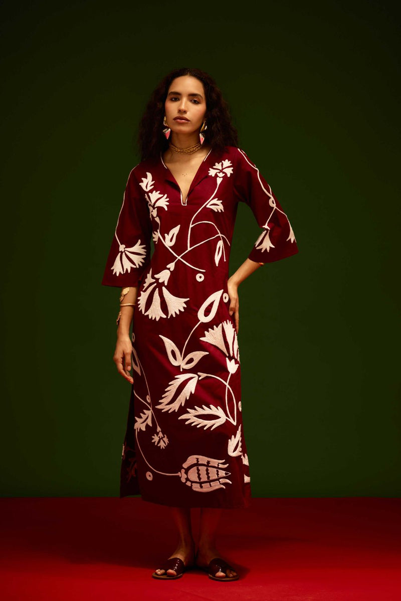 Burgundy Wine Cotton Maxi Dress With Ivory Botanical Thread Embroidery poplin Buy Burgundy Wine Cotton Maxi Dress With Ivory Botanical Thread Embroidery from C&W | Dresses for Women by Indian Summer Story for women in Singapore