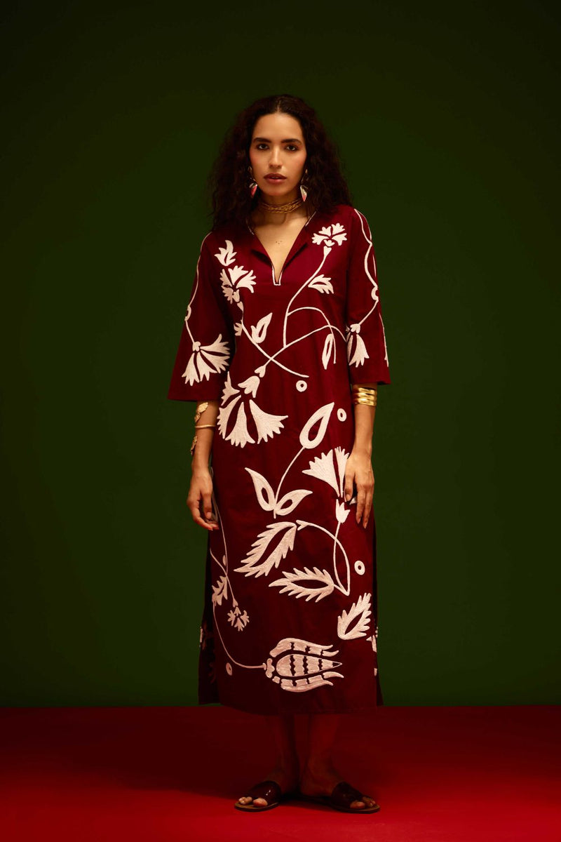 Burgundy Wine Cotton Maxi Dress With Ivory Botanical Thread Embroidery poplin Buy Burgundy Wine Cotton Maxi Dress With Ivory Botanical Thread Embroidery from C&W | Dresses for Women by Indian Summer Story for women in Singapore