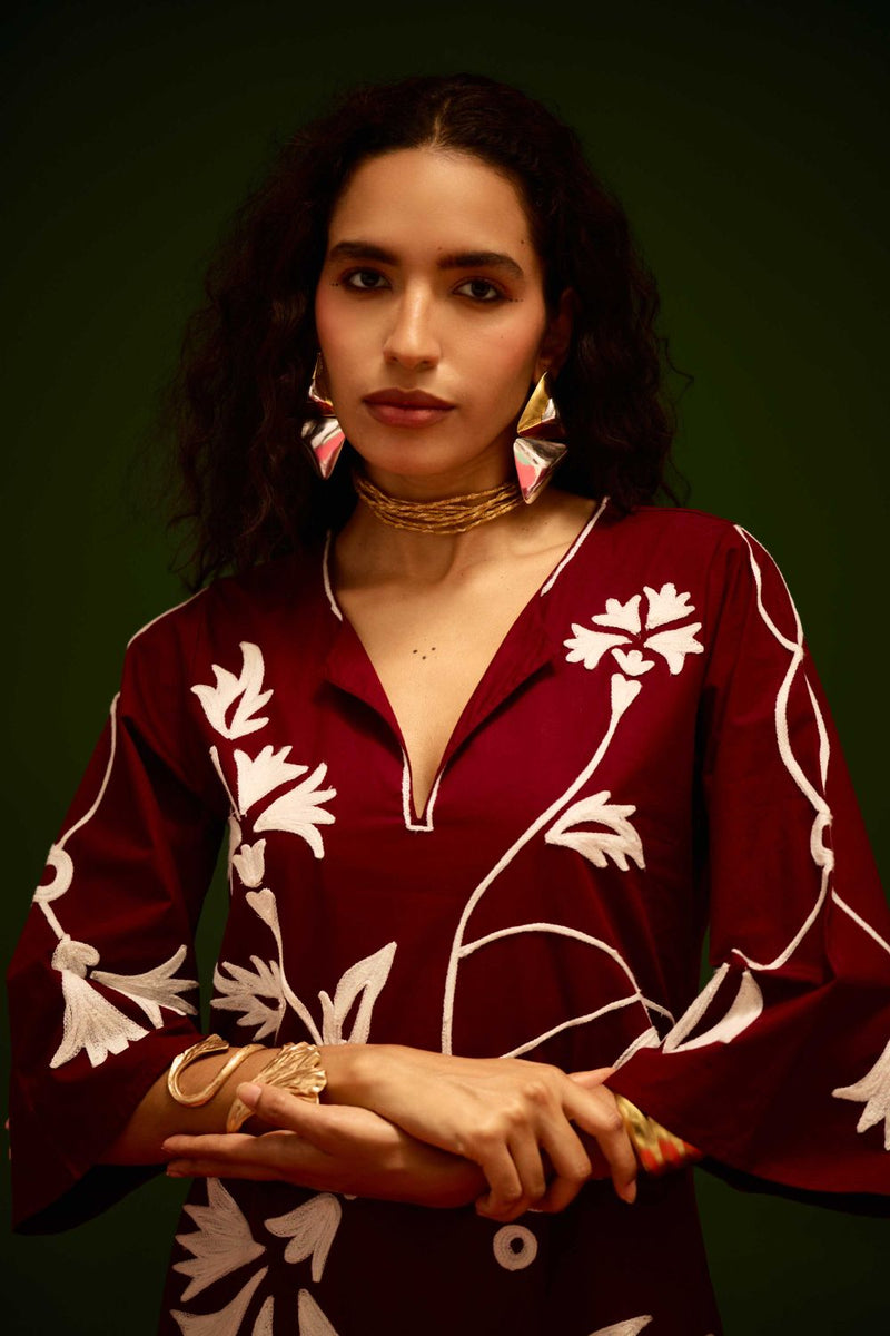 Burgundy Wine Cotton Maxi Dress With Ivory Botanical Thread Embroidery poplin Buy Burgundy Wine Cotton Maxi Dress With Ivory Botanical Thread Embroidery from C&W | Dresses for Women by Indian Summer Story for women in Singapore