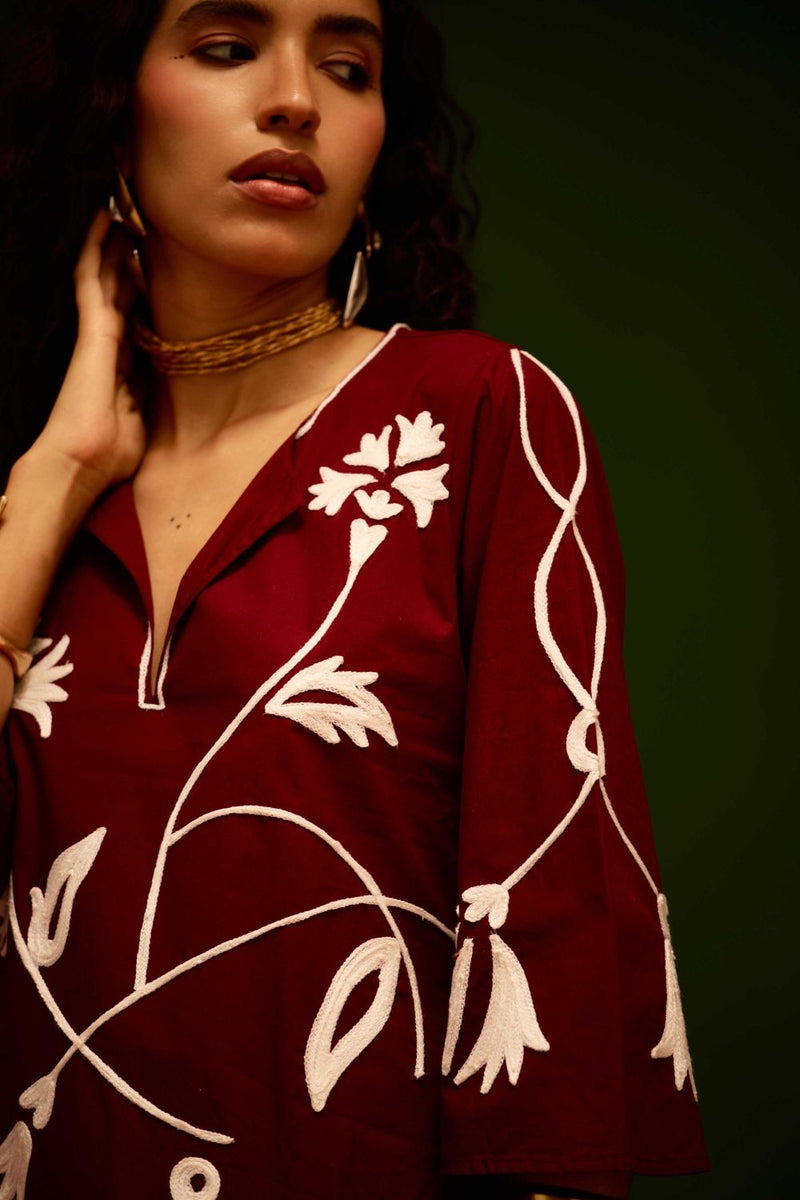 Burgundy Wine Cotton Maxi Dress With Ivory Botanical Thread Embroidery poplin Buy Burgundy Wine Cotton Maxi Dress With Ivory Botanical Thread Embroidery from C&W | Dresses for Women by Indian Summer Story for women in Singapore