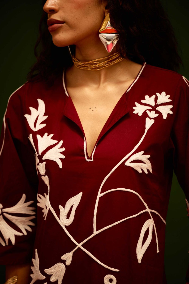 Burgundy Wine Cotton Maxi Dress With Ivory Botanical Thread Embroidery poplin Buy Burgundy Wine Cotton Maxi Dress With Ivory Botanical Thread Embroidery from C&W | Dresses for Women by Indian Summer Story for women in Singapore