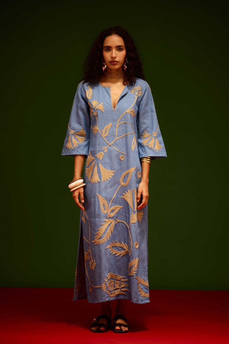 Denim Blue Cotton Maxi Dress With Natural Botanical Thread Embroidery Buy Denim Blue Cotton Maxi Dress With Natural Botanical Thread Embroidery from C&W | Dresses for Women by Indian Summer Story in blue color for women in Singapore