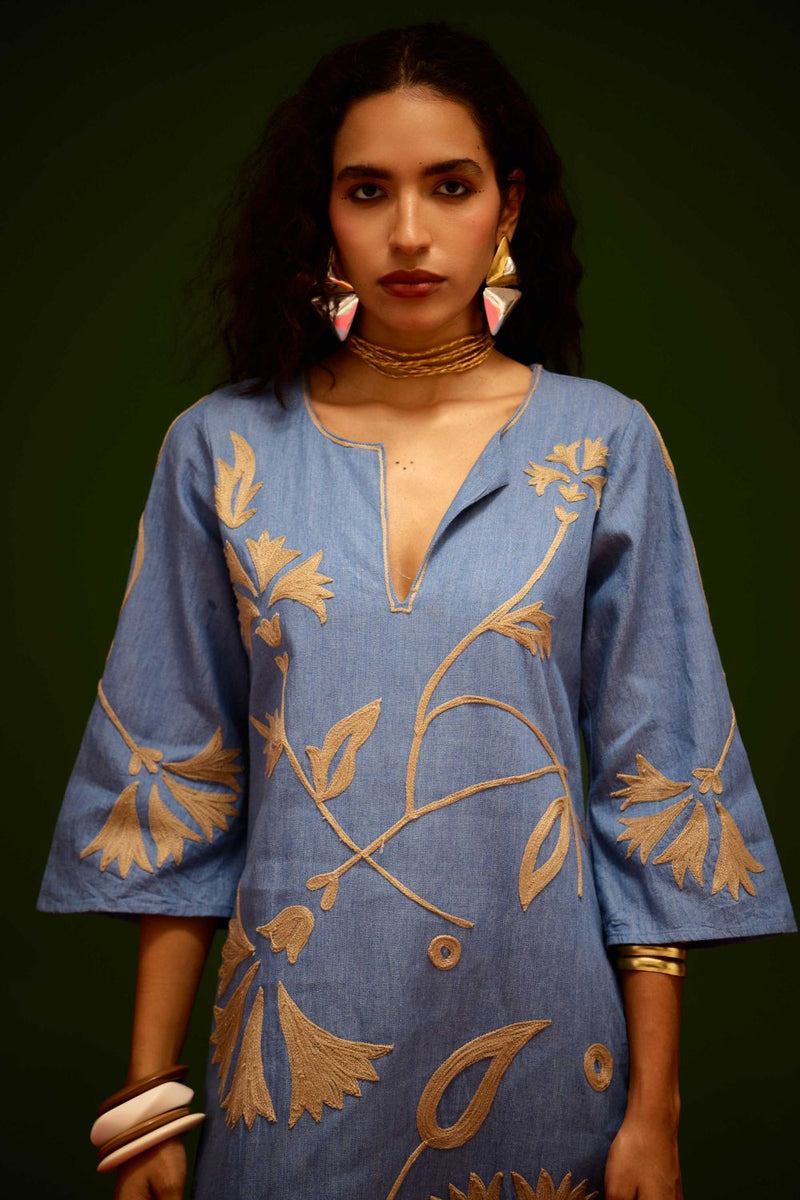 Denim Blue Cotton Maxi Dress With Natural Botanical Thread Embroidery Buy Denim Blue Cotton Maxi Dress With Natural Botanical Thread Embroidery from C&W | Dresses for Women by Indian Summer Story in blue color for women in Singapore