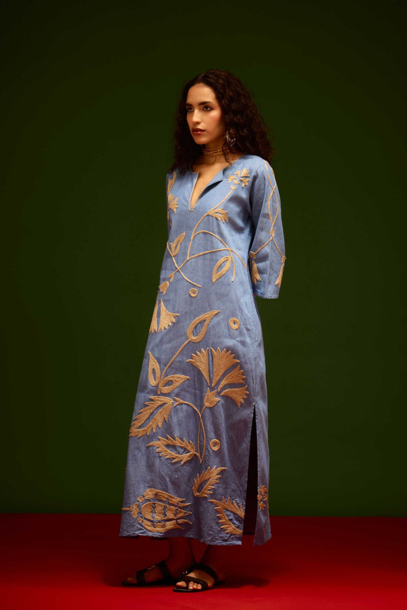 Denim Blue Cotton Maxi Dress With Natural Botanical Thread Embroidery Buy Denim Blue Cotton Maxi Dress With Natural Botanical Thread Embroidery from C&W | Dresses for Women by Indian Summer Story in blue color for women in Singapore