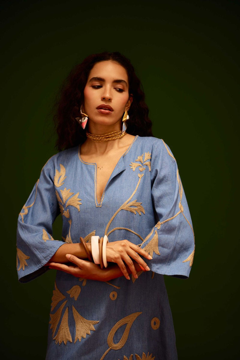 Denim Blue Cotton Maxi Dress With Natural Botanical Thread Embroidery Buy Denim Blue Cotton Maxi Dress With Natural Botanical Thread Embroidery from C&W | Dresses for Women by Indian Summer Story in blue color for women in Singapore