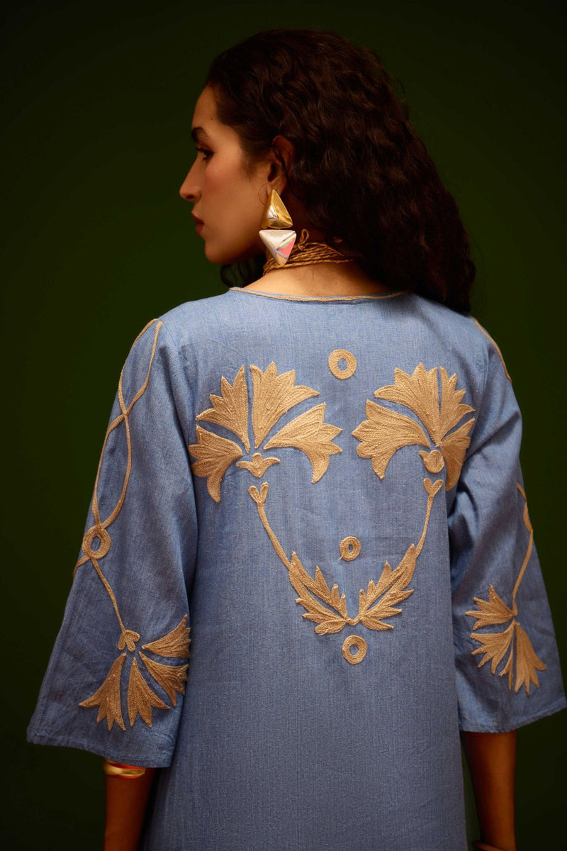 Denim Blue Cotton Maxi Dress With Natural Botanical Thread Embroidery Buy Denim Blue Cotton Maxi Dress With Natural Botanical Thread Embroidery from C&W | Dresses for Women by Indian Summer Story in blue color for women in Singapore