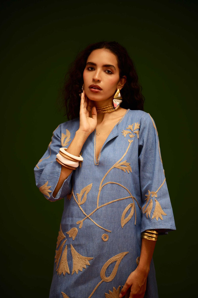 Denim Blue Cotton Maxi Dress With Natural Botanical Thread Embroidery Buy Denim Blue Cotton Maxi Dress With Natural Botanical Thread Embroidery from C&W | Dresses for Women by Indian Summer Story in blue color for women in Singapore