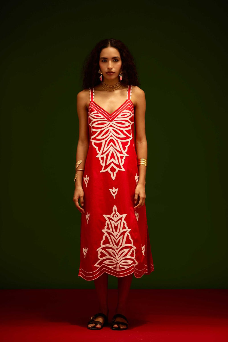 Scarlet Strappy Cotton Dress With Ivory Flame Thread Embroidery poplin Buy Scarlet Strappy Cotton Dress With Ivory Flame Thread Embroidery from C&W | Dresses for Women by Indian Summer Story in orange color for women in Singapore