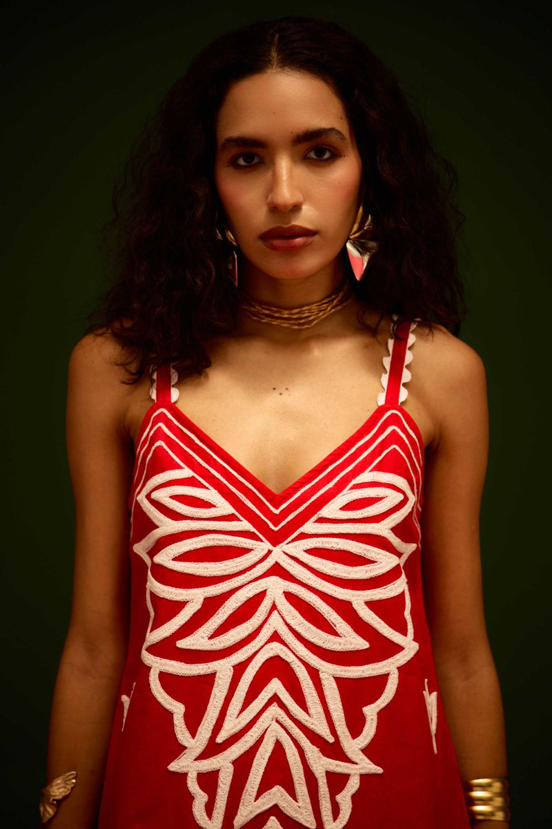Scarlet Strappy Cotton Dress With Ivory Flame Thread Embroidery poplin Buy Scarlet Strappy Cotton Dress With Ivory Flame Thread Embroidery from C&W | Dresses for Women by Indian Summer Story in orange color for women in Singapore