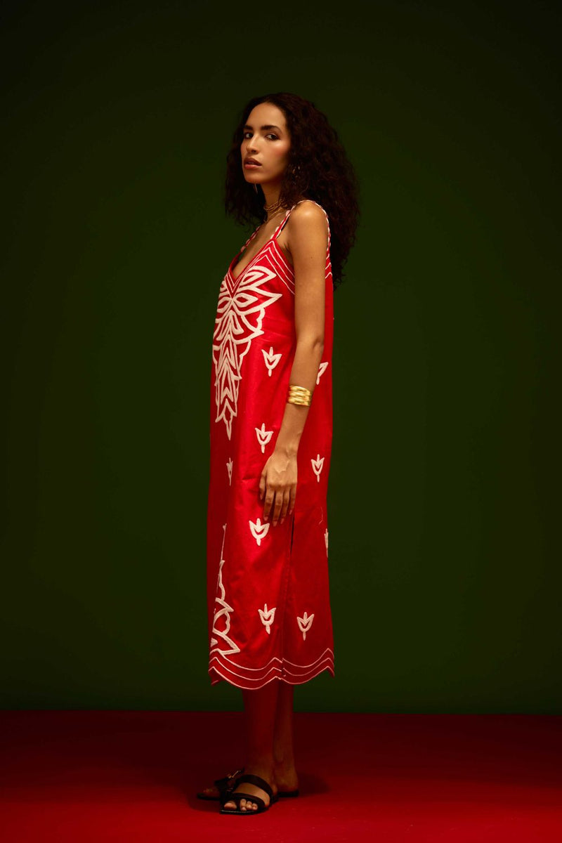 Scarlet Strappy Cotton Dress With Ivory Flame Thread Embroidery poplin Buy Scarlet Strappy Cotton Dress With Ivory Flame Thread Embroidery from C&W | Dresses for Women by Indian Summer Story in orange color for women in Singapore