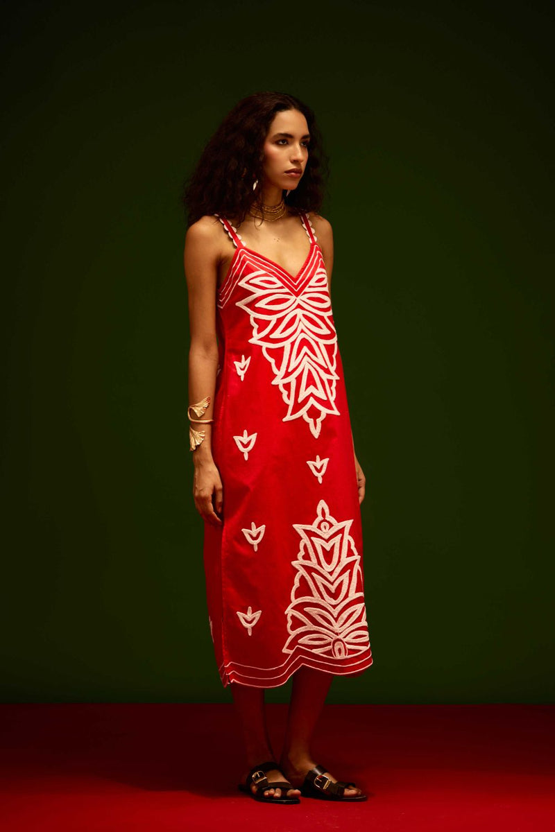 Scarlet Strappy Cotton Dress With Ivory Flame Thread Embroidery poplin Buy Scarlet Strappy Cotton Dress With Ivory Flame Thread Embroidery from C&W | Dresses for Women by Indian Summer Story in orange color for women in Singapore