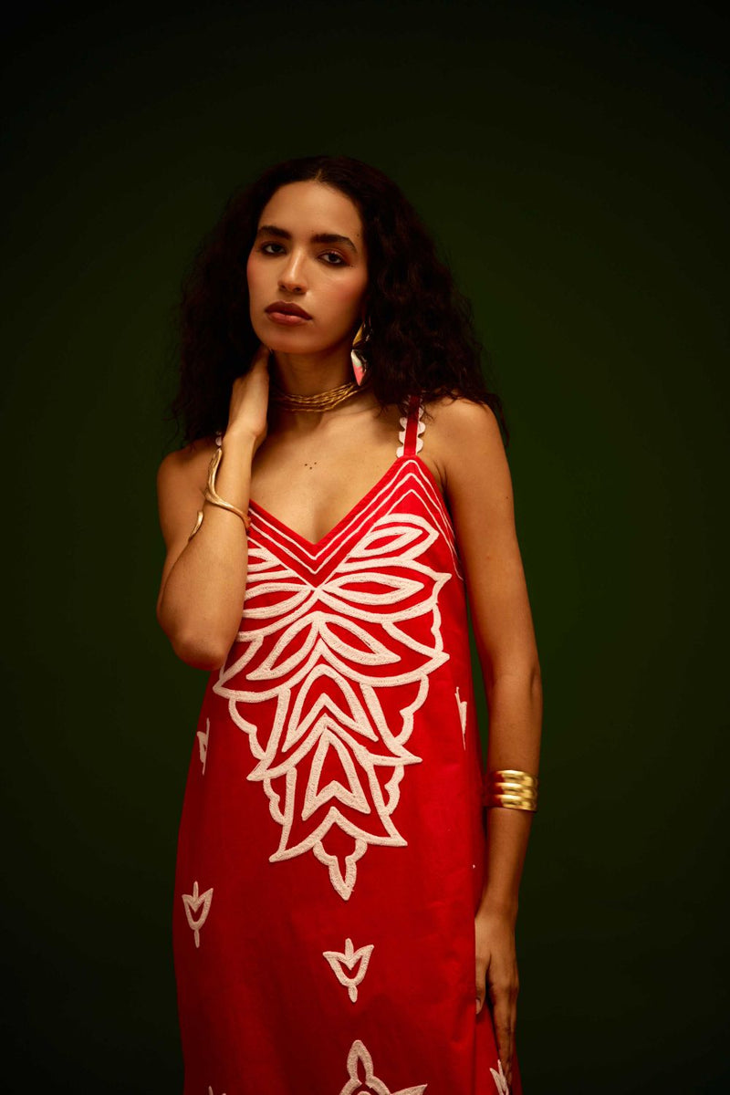 Scarlet Strappy Cotton Dress With Ivory Flame Thread Embroidery poplin Buy Scarlet Strappy Cotton Dress With Ivory Flame Thread Embroidery from C&W | Dresses for Women by Indian Summer Story in orange color for women in Singapore