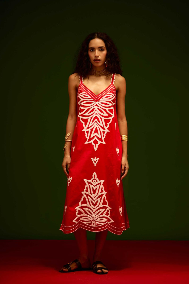 Scarlet Strappy Cotton Dress With Ivory Flame Thread Embroidery poplin Buy Scarlet Strappy Cotton Dress With Ivory Flame Thread Embroidery from C&W | Dresses for Women by Indian Summer Story in orange color for women in Singapore