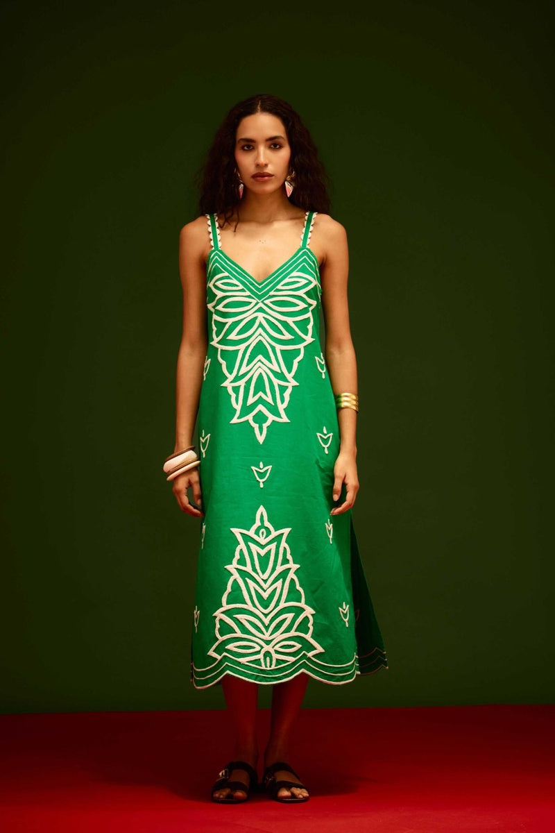Avocado Green Strappy Cotton Dress With Ivory Flame Thread Embroidery poplin Buy Avocado Green Strappy Cotton Dress With Ivory Flame Thread Embroidery from C&W | Dresses for Women by Indian Summer Story in green color for women in Singapore