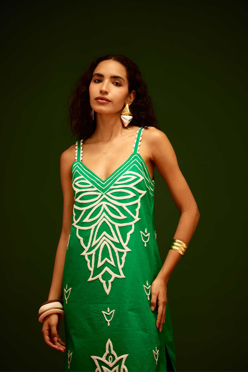 Avocado Green Strappy Cotton Dress With Ivory Flame Thread Embroidery poplin Buy Avocado Green Strappy Cotton Dress With Ivory Flame Thread Embroidery from C&W | Dresses for Women by Indian Summer Story in green color for women in Singapore