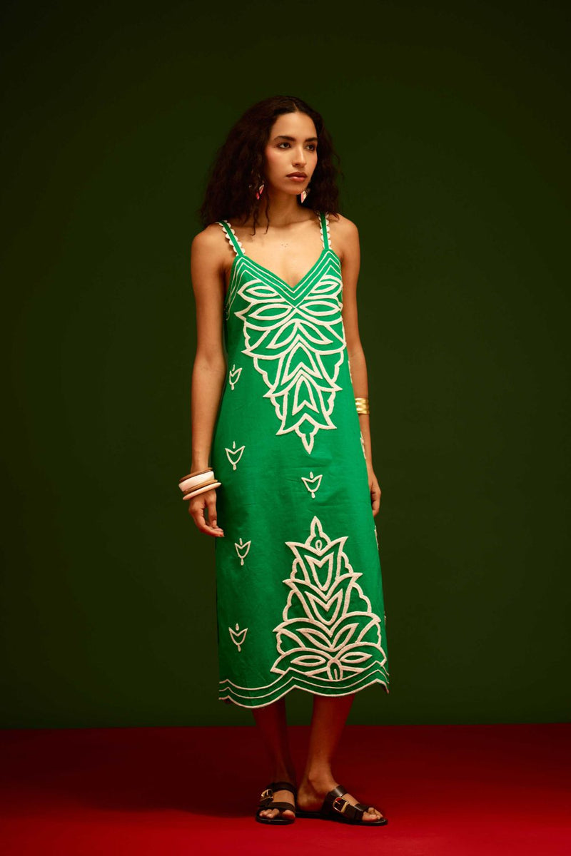 Avocado Green Strappy Cotton Dress With Ivory Flame Thread Embroidery poplin Buy Avocado Green Strappy Cotton Dress With Ivory Flame Thread Embroidery from C&W | Dresses for Women by Indian Summer Story in green color for women in Singapore