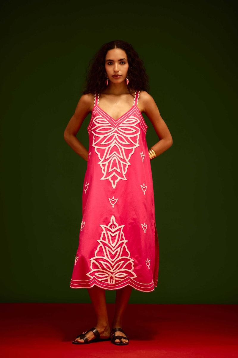 Fuchsia Strappy Cotton Dress With Ivory Flame Thread Embroidery poplin Buy Fuchsia Strappy Cotton Dress With Ivory Flame Thread Embroidery from C&W | Dresses for Women by Indian Summer Story in pink color for women in Singapore