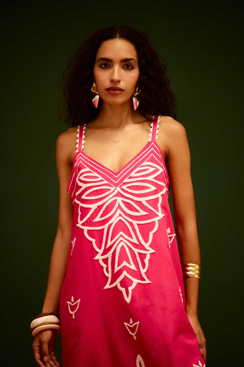 Fuchsia Strappy Cotton Dress With Ivory Flame Thread Embroidery poplin Buy Fuchsia Strappy Cotton Dress With Ivory Flame Thread Embroidery from C&W | Dresses for Women by Indian Summer Story in pink color for women in Singapore