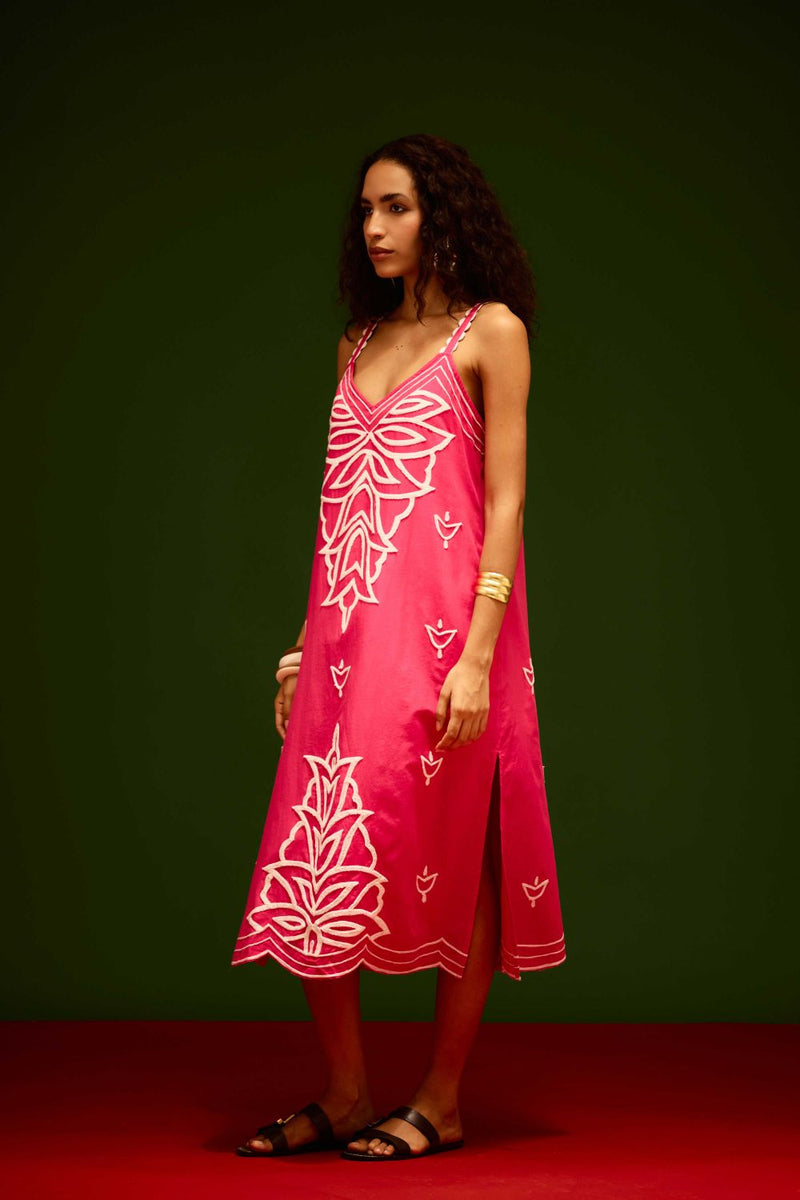 Fuchsia Strappy Cotton Dress With Ivory Flame Thread Embroidery poplin Buy Fuchsia Strappy Cotton Dress With Ivory Flame Thread Embroidery from C&W | Dresses for Women by Indian Summer Story in pink color for women in Singapore
