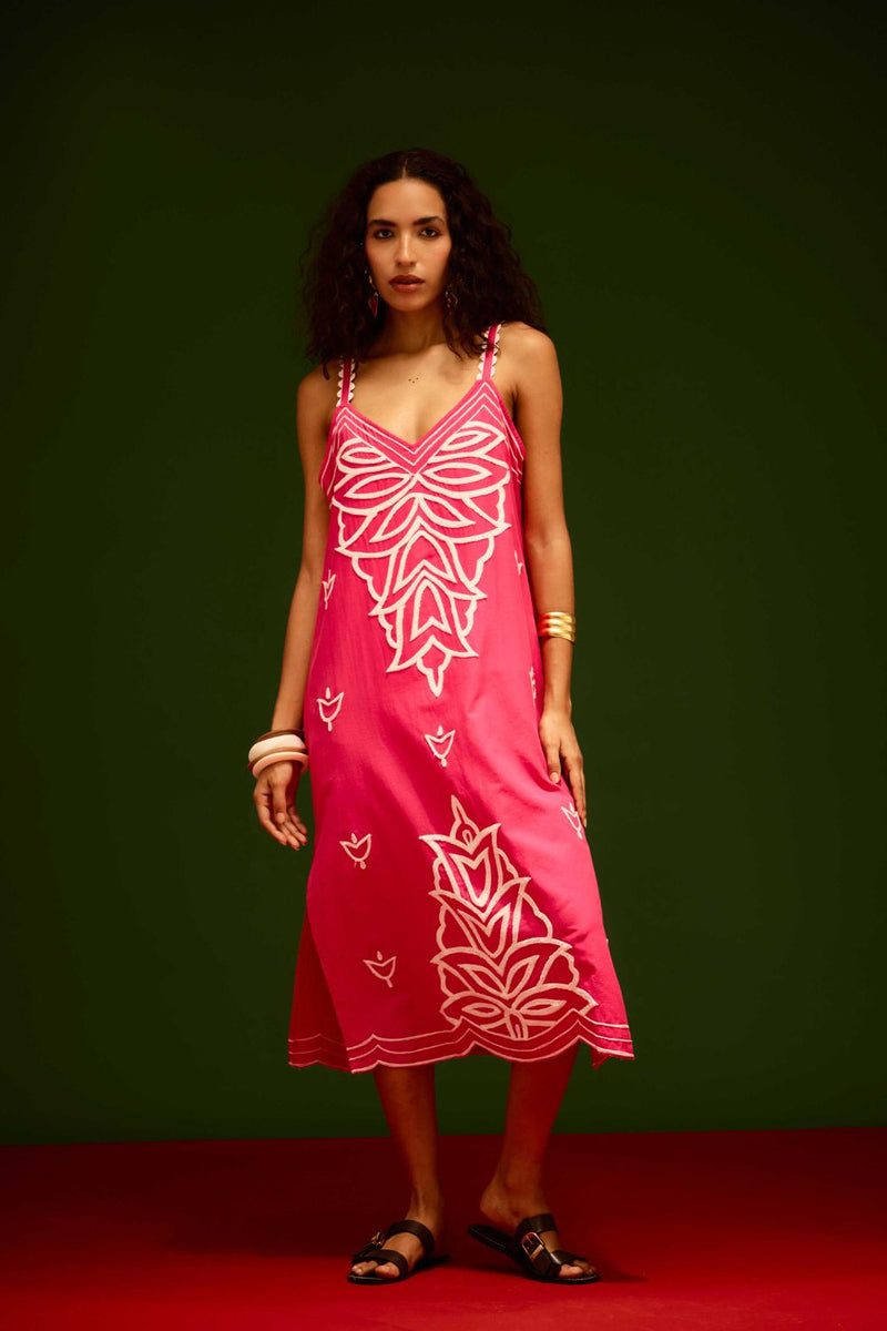 Fuchsia Strappy Cotton Dress With Ivory Flame Thread Embroidery poplin Buy Fuchsia Strappy Cotton Dress With Ivory Flame Thread Embroidery from C&W | Dresses for Women by Indian Summer Story in pink color for women in Singapore