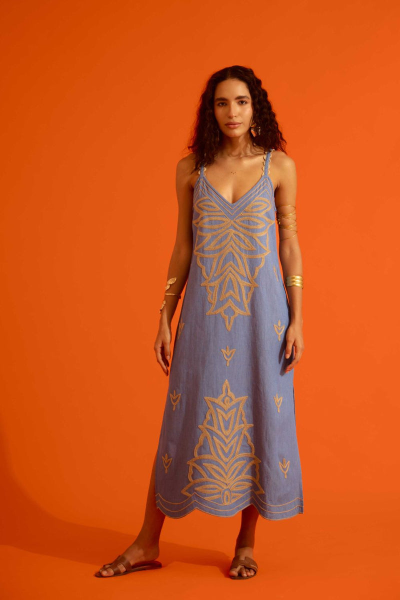 Denim Blue Strappy Dress With Natural Flame Thread Embroidery Buy Denim Blue Strappy Dress With Natural Flame Thread Embroidery from C&W | Dresses for Women by Indian Summer Story in blue color for women in Singapore