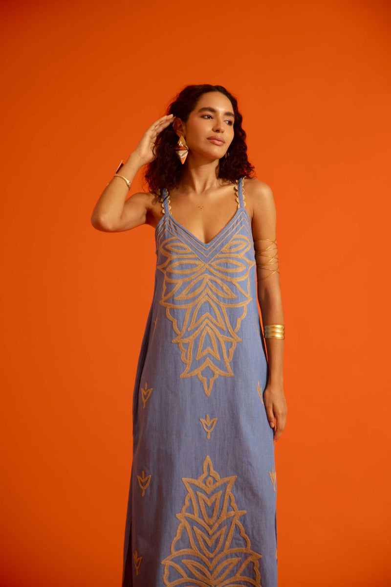 Denim Blue Strappy Dress With Natural Flame Thread Embroidery Buy Denim Blue Strappy Dress With Natural Flame Thread Embroidery from C&W | Dresses for Women by Indian Summer Story in blue color for women in Singapore