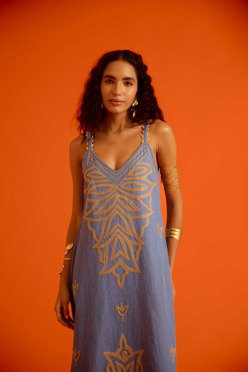 Denim Blue Strappy Dress With Natural Flame Thread Embroidery Buy Denim Blue Strappy Dress With Natural Flame Thread Embroidery from C&W | Dresses for Women by Indian Summer Story in blue color for women in Singapore