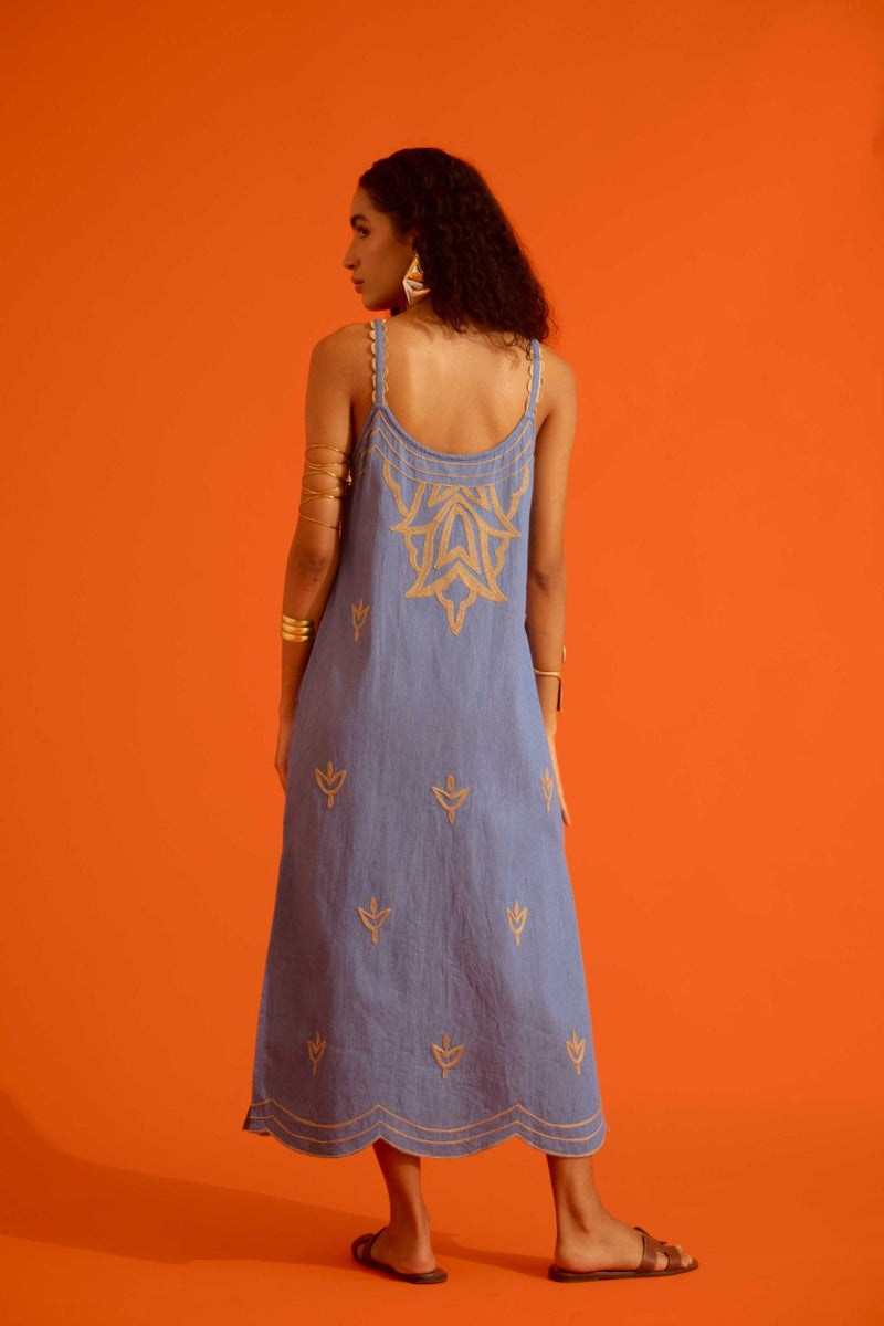 Denim Blue Strappy Dress With Natural Flame Thread Embroidery Buy Denim Blue Strappy Dress With Natural Flame Thread Embroidery from C&W | Dresses for Women by Indian Summer Story in blue color for women in Singapore