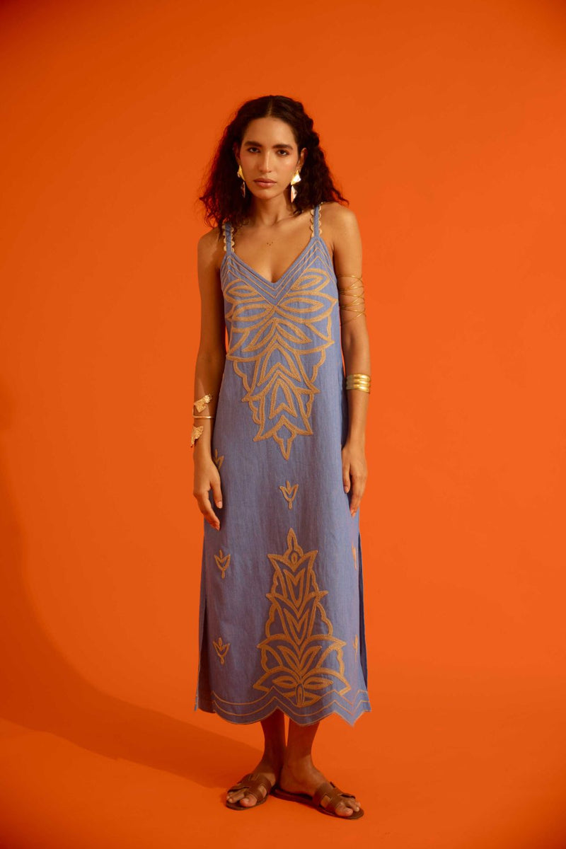 Denim Blue Strappy Dress With Natural Flame Thread Embroidery Buy Denim Blue Strappy Dress With Natural Flame Thread Embroidery from C&W | Dresses for Women by Indian Summer Story in blue color for women in Singapore