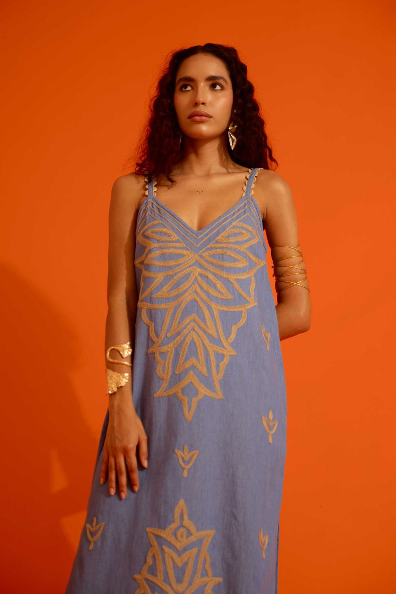 Denim Blue Strappy Dress With Natural Flame Thread Embroidery Buy Denim Blue Strappy Dress With Natural Flame Thread Embroidery from C&W | Dresses for Women by Indian Summer Story in blue color for women in Singapore
