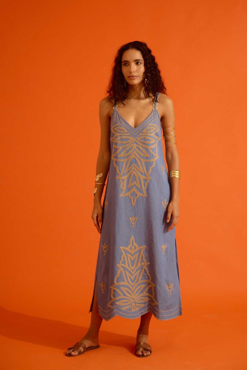 Denim Blue Strappy Dress With Natural Flame Thread Embroidery Buy Denim Blue Strappy Dress With Natural Flame Thread Embroidery from C&W | Dresses for Women by Indian Summer Story in blue color for women in Singapore