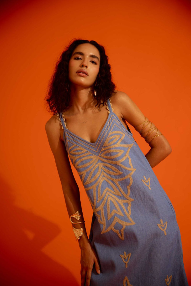 Denim Blue Strappy Dress With Natural Flame Thread Embroidery Buy Denim Blue Strappy Dress With Natural Flame Thread Embroidery from C&W | Dresses for Women by Indian Summer Story in blue color for women in Singapore