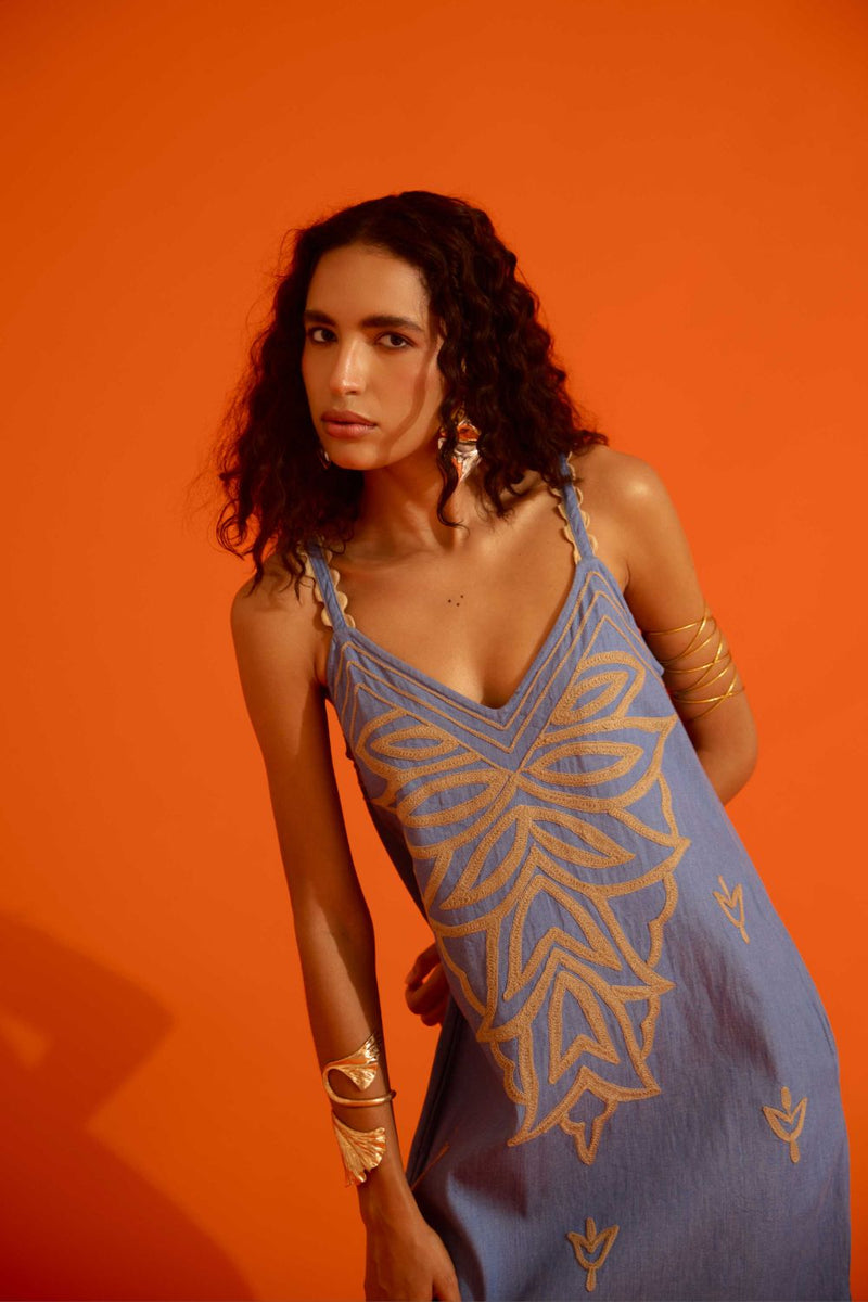 Denim Blue Strappy Dress With Natural Flame Thread Embroidery Buy Denim Blue Strappy Dress With Natural Flame Thread Embroidery from C&W | Dresses for Women by Indian Summer Story in blue color for women in Singapore