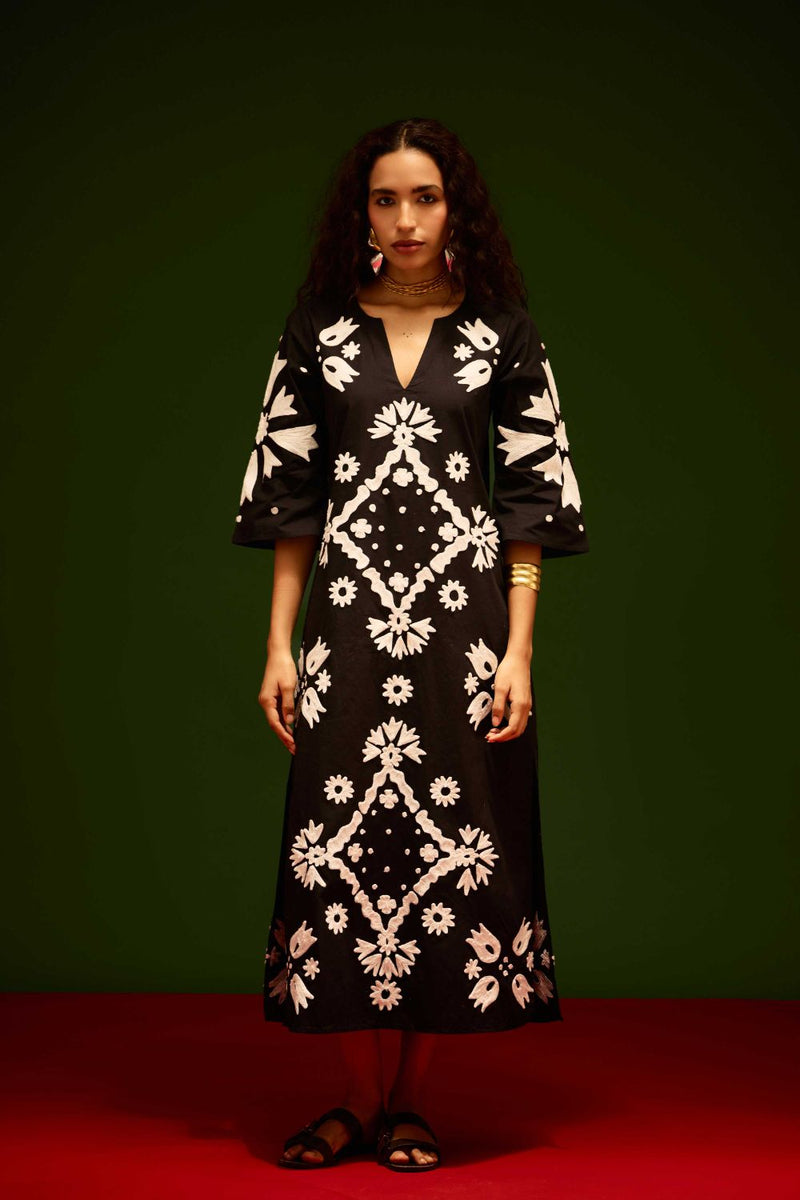 Black With Ivory Sitara Thread Embroidery Cotton Maxi Dress poplin Buy Black With Ivory Sitara Thread Embroidery Cotton Maxi Dress from C&W | Dresses for Women by Indian Summer Story in black color for women in Singapore