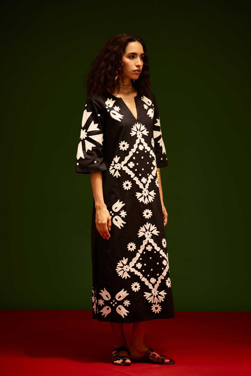 Black With Ivory Sitara Thread Embroidery Cotton Maxi Dress poplin Buy Black With Ivory Sitara Thread Embroidery Cotton Maxi Dress from C&W | Dresses for Women by Indian Summer Story in black color for women in Singapore