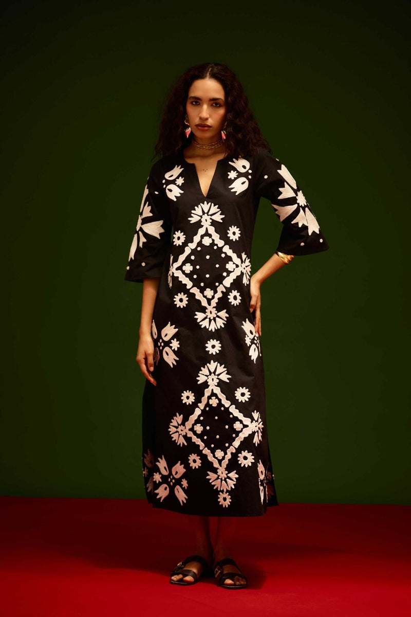 Black With Ivory Sitara Thread Embroidery Cotton Maxi Dress poplin Buy Black With Ivory Sitara Thread Embroidery Cotton Maxi Dress from C&W | Dresses for Women by Indian Summer Story in black color for women in Singapore