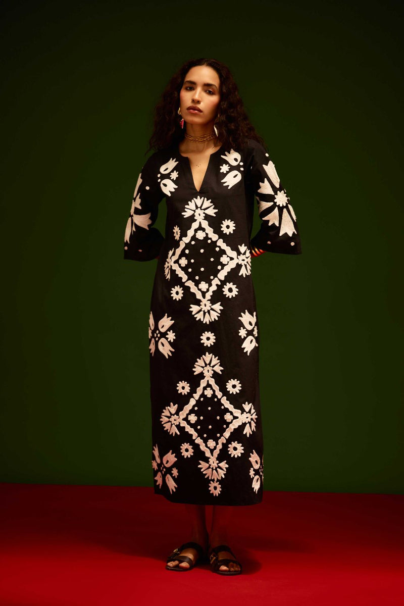 Black With Ivory Sitara Thread Embroidery Cotton Maxi Dress poplin Buy Black With Ivory Sitara Thread Embroidery Cotton Maxi Dress from C&W | Dresses for Women by Indian Summer Story in black color for women in Singapore